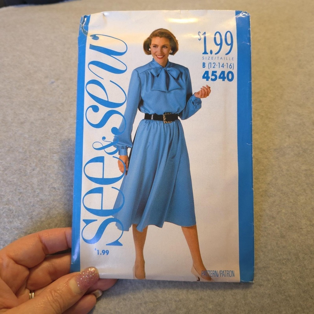 See & Sew 4540 Dress Pattern Sz 12-16 Long Sleeve Bow Neck Uncut Vintage 1980s